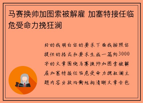马赛换帅加图索被解雇 加塞特接任临危受命力挽狂澜