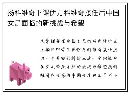 扬科维奇下课伊万科维奇接任后中国女足面临的新挑战与希望